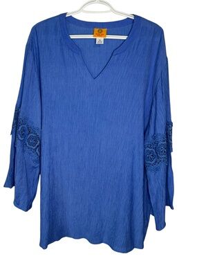 Ruby Rd Tunic Top Shirt Blouse Women 3X Long Sleeve Blue Embroidered V-Neck NWT